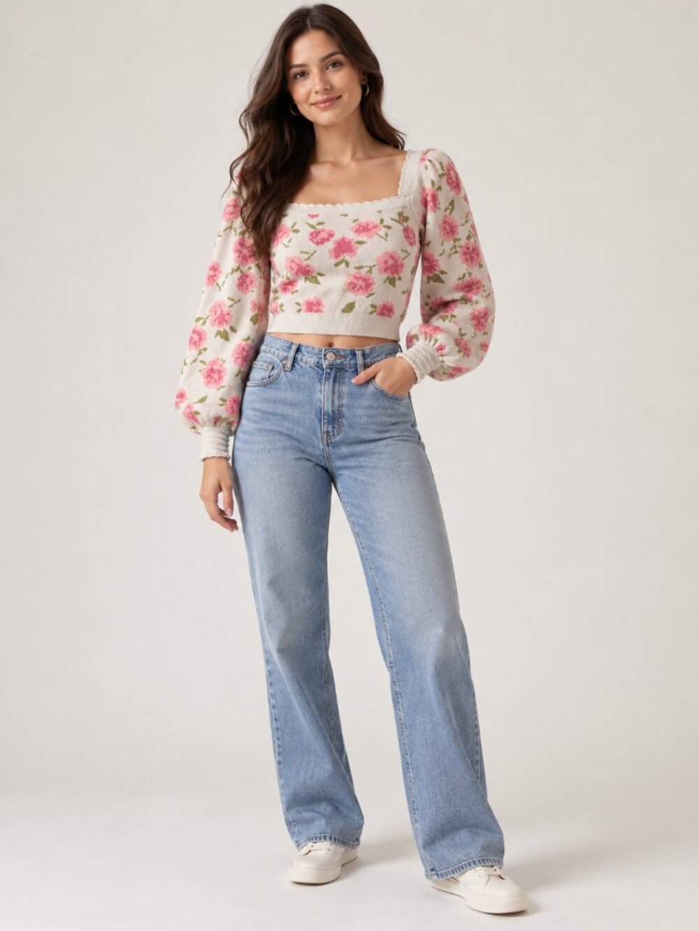 Willow & Wind Floral Rose Puff Sleeve Cropped Sweater Medium